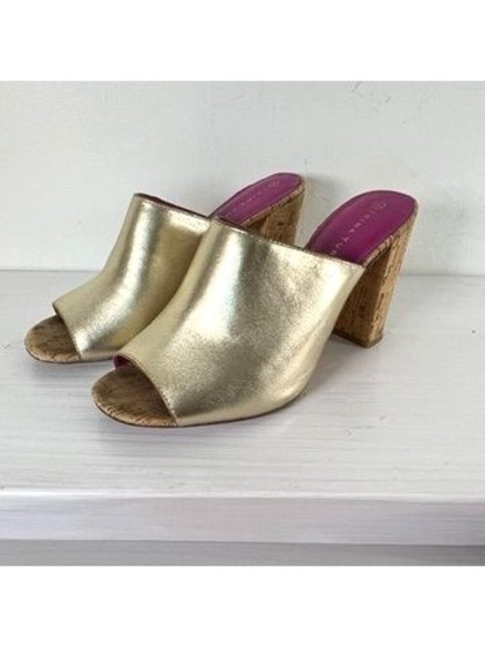 Trina Turk Gold Metallic Leather Cork Block Heel Peep Toe Mule Slides 9M Resort - Picture 3 of 13